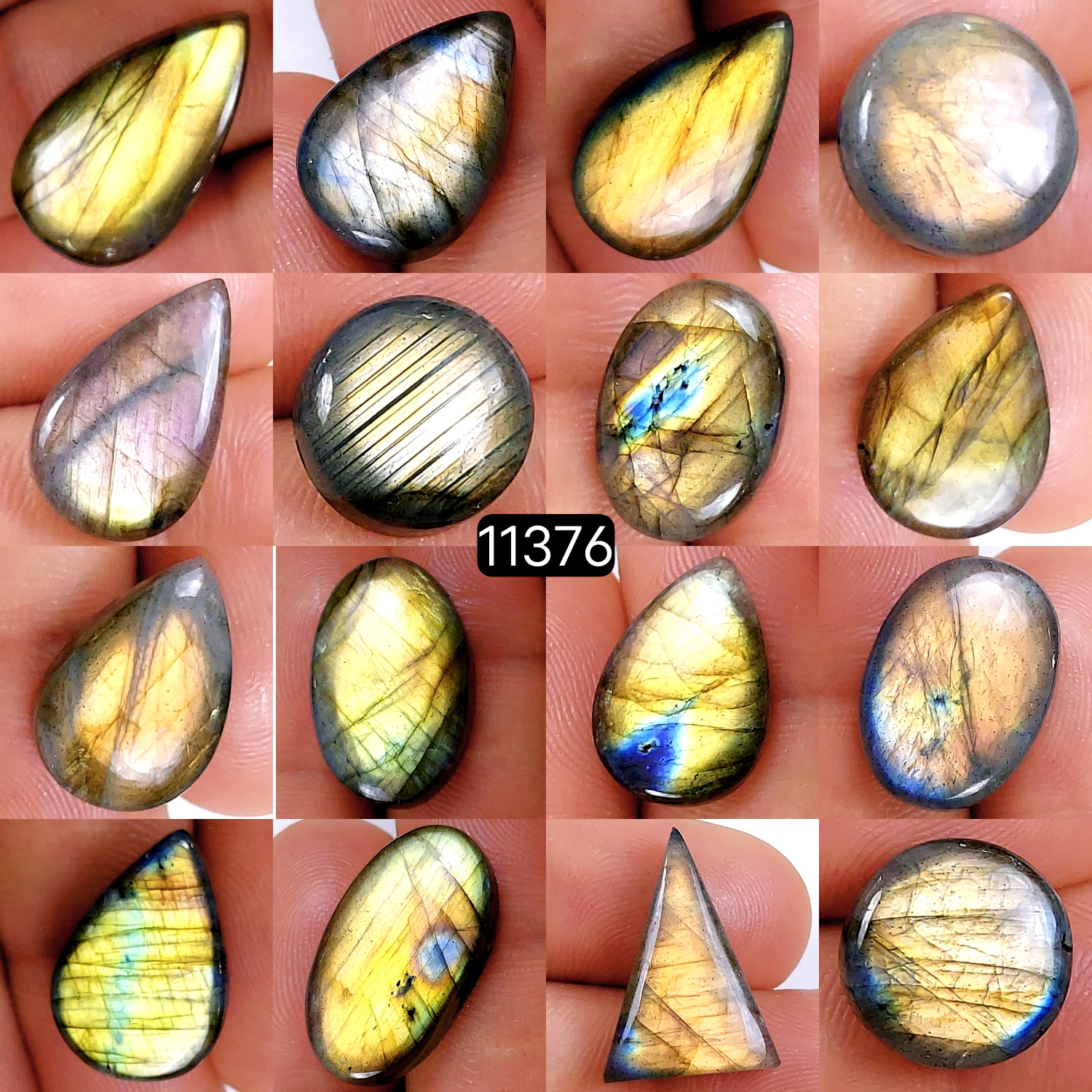 16Pcs 196Cts Natural Labradorite Cabochon Lot Polished Loose Gemstone Flat Back Labradorite Jewelry Making Crystal Handmade Silver Pendant Mix Shapes 24X14-12X12mm 11376