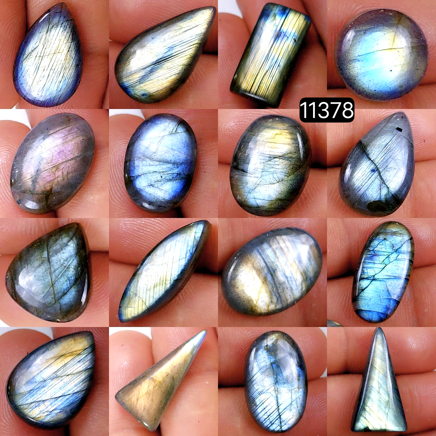 16Pcs 196Cts Natural Labradorite Cabochon Lot Polished Loose Gemstone Flat Back Labradorite Jewelry Making Crystal Handmade Silver Pendant Mix Shapes 25X13-12X12mm 11378