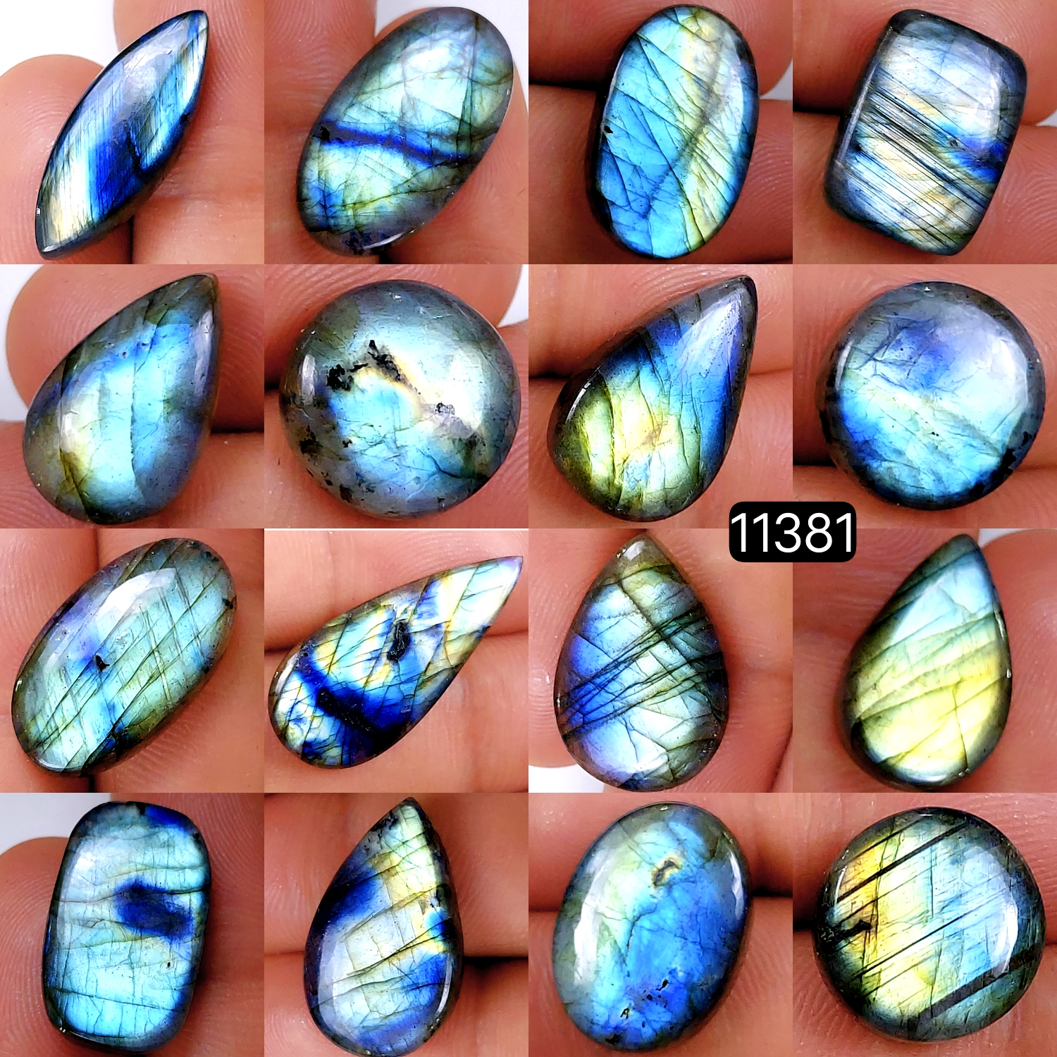 16Pcs 223Cts Natural Labradorite Cabochon Lot Polished Loose Gemstone Flat Back Labradorite Jewelry Making Crystal Handmade Silver Pendant Mix Shapes 26X14-13X13mm 11381