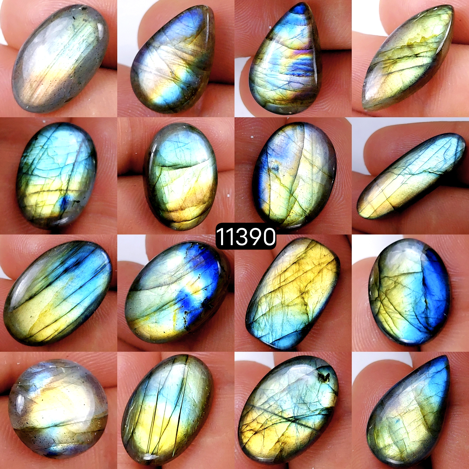 16Pcs 214Cts Natural Labradorite Cabochon Lot Polished Loose Gemstone Flat Back Labradorite Jewelry Making Crystal Handmade Silver Pendant Mix Shapes 23X15-12X12mm 11390