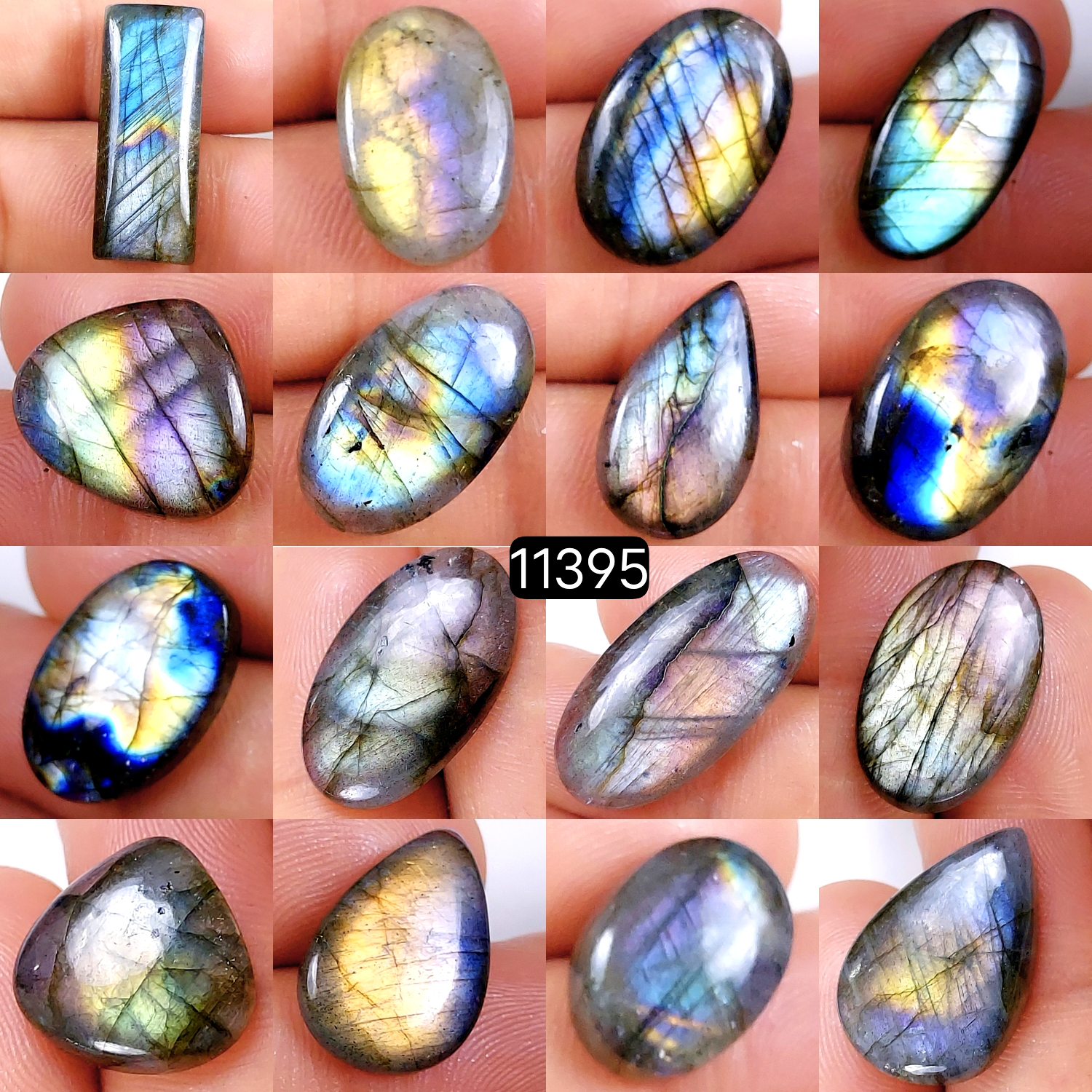 16Pcs 225Cts Natural Labradorite Cabochon Lot Polished Loose Gemstone Flat Back Labradorite Jewelry Making Crystal Handmade Silver Pendant Mix Shapes 27x13-16x12mm 11395