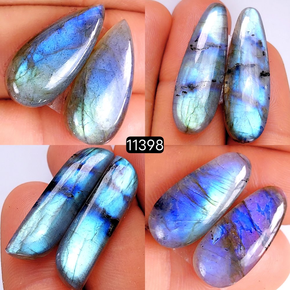 4 Pairs 100Cts Natural Labradorite Loose Cabochon Flat Back Gemstone Pair Lot Earrings Crystal Lot for Jewelry Making Gift For Her 34x10-22x10mm #11398