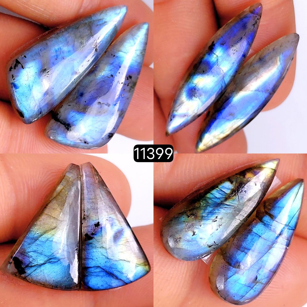4 Pairs 97Cts Natural Labradorite Loose Cabochon Flat Back Gemstone Pair Lot Earrings Crystal Lot for Jewelry Making Gift For Her 35x9-23x10mm #11399