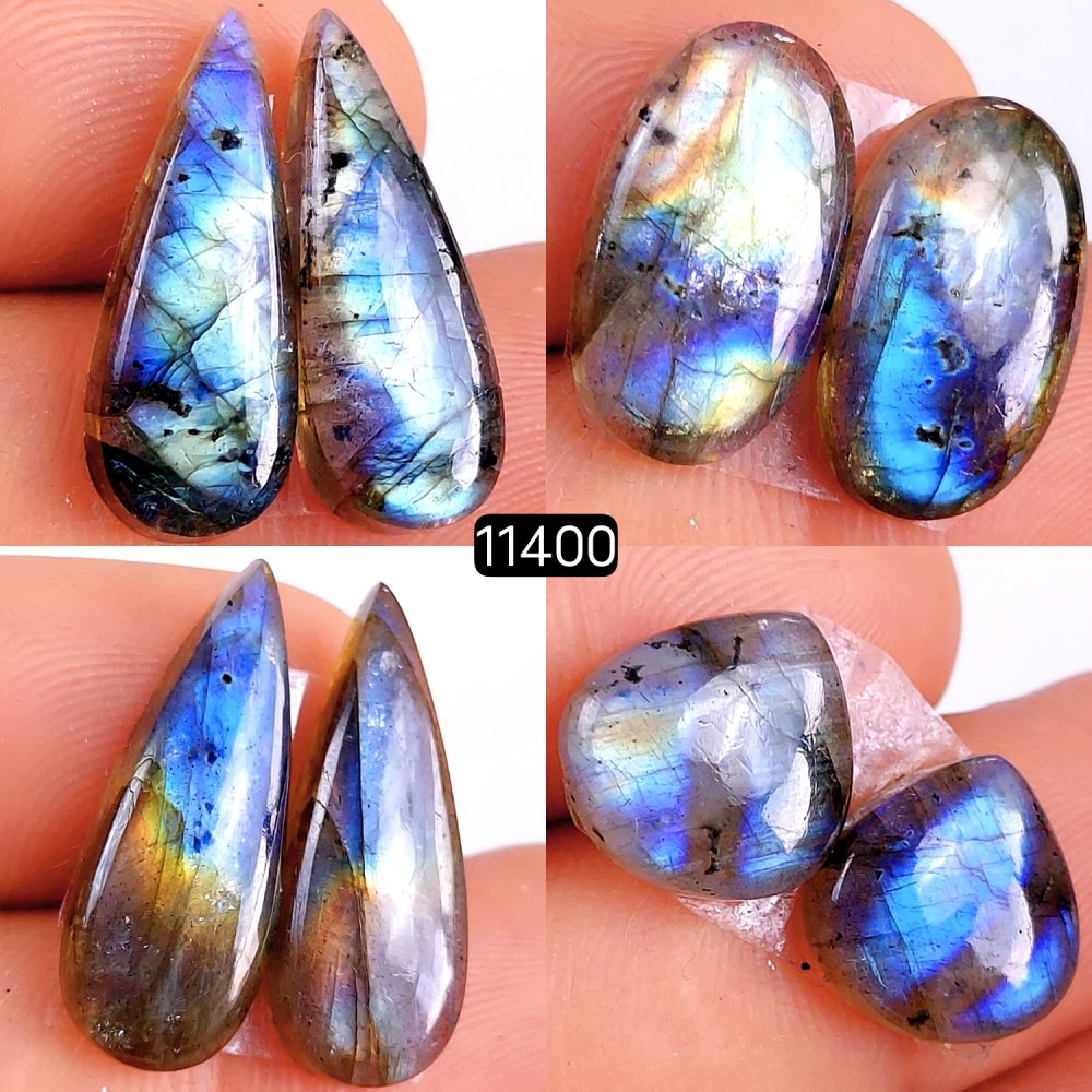 4 Pairs 56Cts Natural Labradorite Loose Cabochon Flat Back Gemstone Pair Lot Earrings Crystal Lot for Jewelry Making Gift For Her 24x9-14x12mm #11400