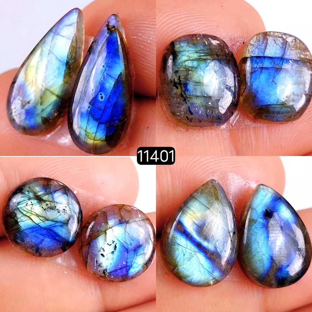 4 Pairs 62Cts Natural Labradorite Loose Cabochon Flat Back Gemstone Pair Lot Earrings Crystal Lot for Jewelry Making Gift For Her 20x9-13x13mm #11401