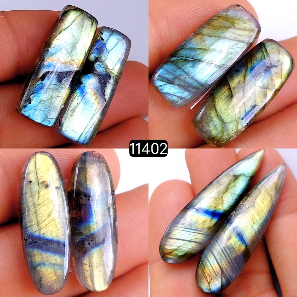 4 Pairs 123Cts Natural Labradorite Loose Cabochon Flat Back Gemstone Pair Lot Earrings Crystal Lot for Jewelry Making Gift For Her 42x11-25x10mm #11402