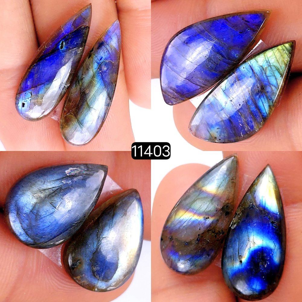 4 Pairs 87Cts Natural Labradorite Loose Cabochon Flat Back Gemstone Pair Lot Earrings Crystal Lot for Jewelry Making Gift For Her 29x10-20x13mm #11403