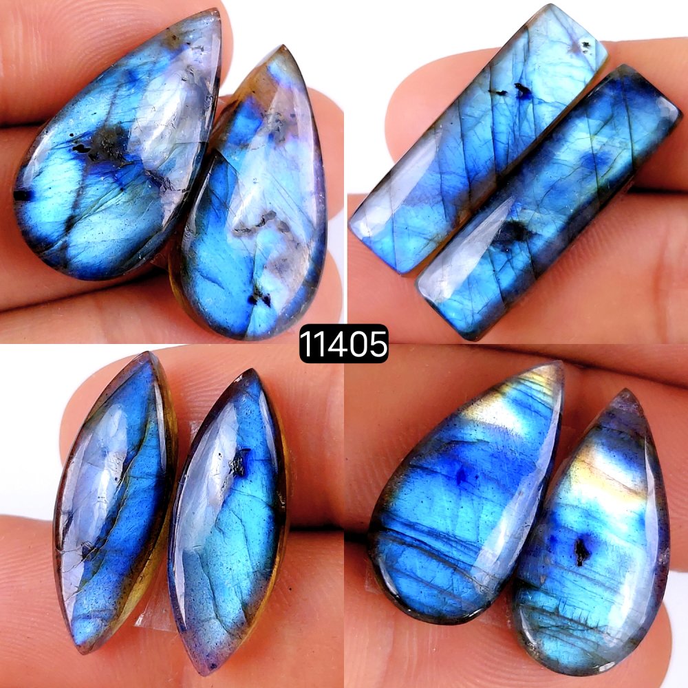 4 Pairs 136Cts Natural Labradorite Loose Cabochon Flat Back Gemstone Pair Lot Earrings Crystal Lot for Jewelry Making Gift For Her 32x10-24x12mm #11405