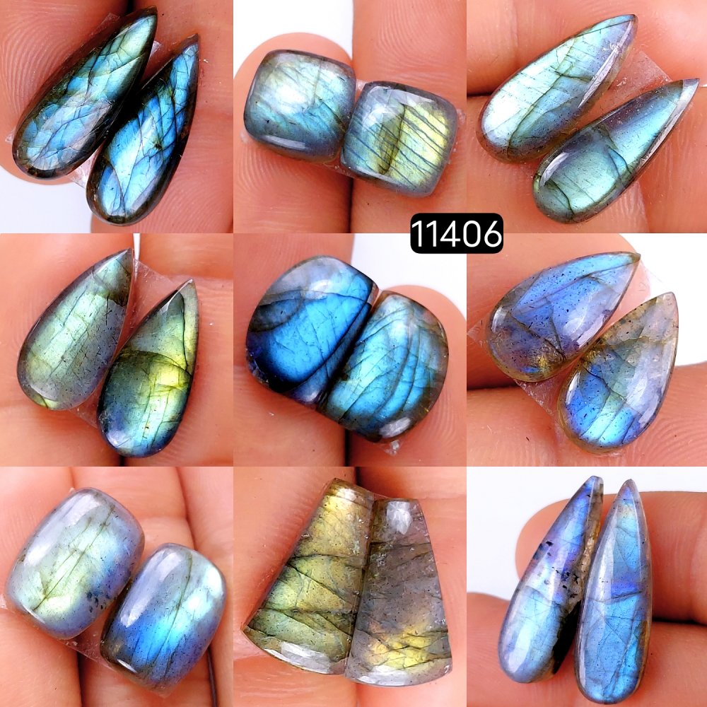 9 Pairs 138Cts Natural Labradorite Loose Cabochon Flat Back Gemstone Pair Lot Earrings Crystal Lot for Jewelry Making Gift For Her 27x9-16x8mm #11406