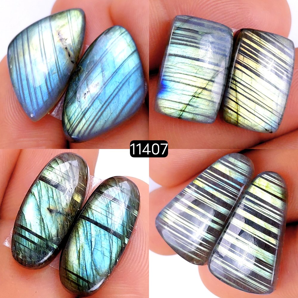 4 Pairs 110Cts Natural Labradorite Loose Cabochon Flat Back Gemstone Pair Lot Earrings Crystal Lot for Jewelry Making Gift For Her 25x15-17x9mm #11407