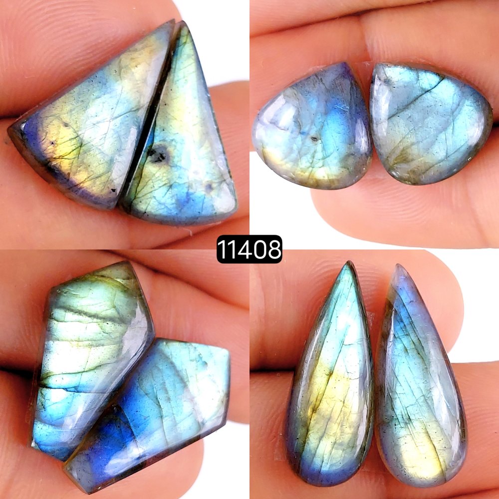 4 Pairs 93Cts Natural Labradorite Loose Cabochon Flat Back Gemstone Pair Lot Earrings Crystal Lot for Jewelry Making Gift For Her 25x10-17x15mm #11408