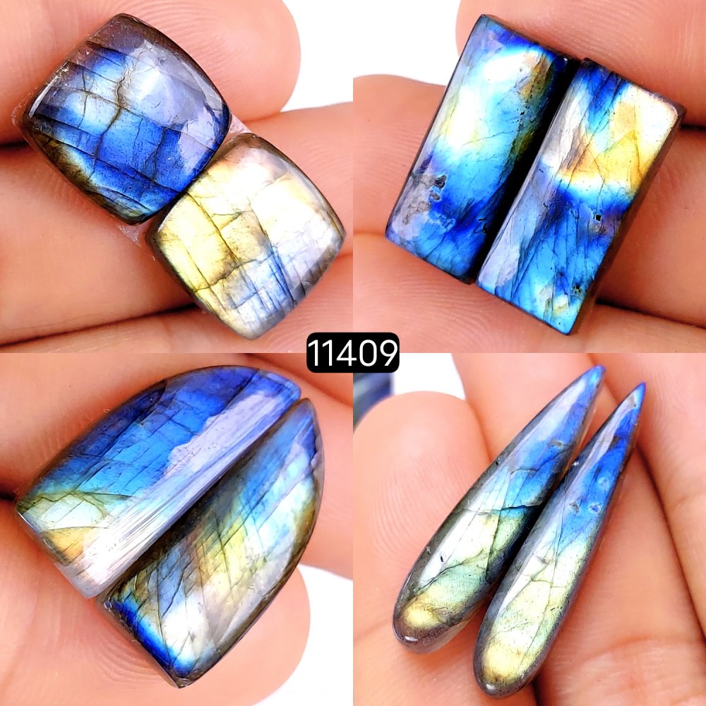 4 Pairs 94Cts Natural Labradorite Loose Cabochon Flat Back Gemstone Pair Lot Earrings Crystal Lot for Jewelry Making Gift For Her 35x7-15x15mm #11409
