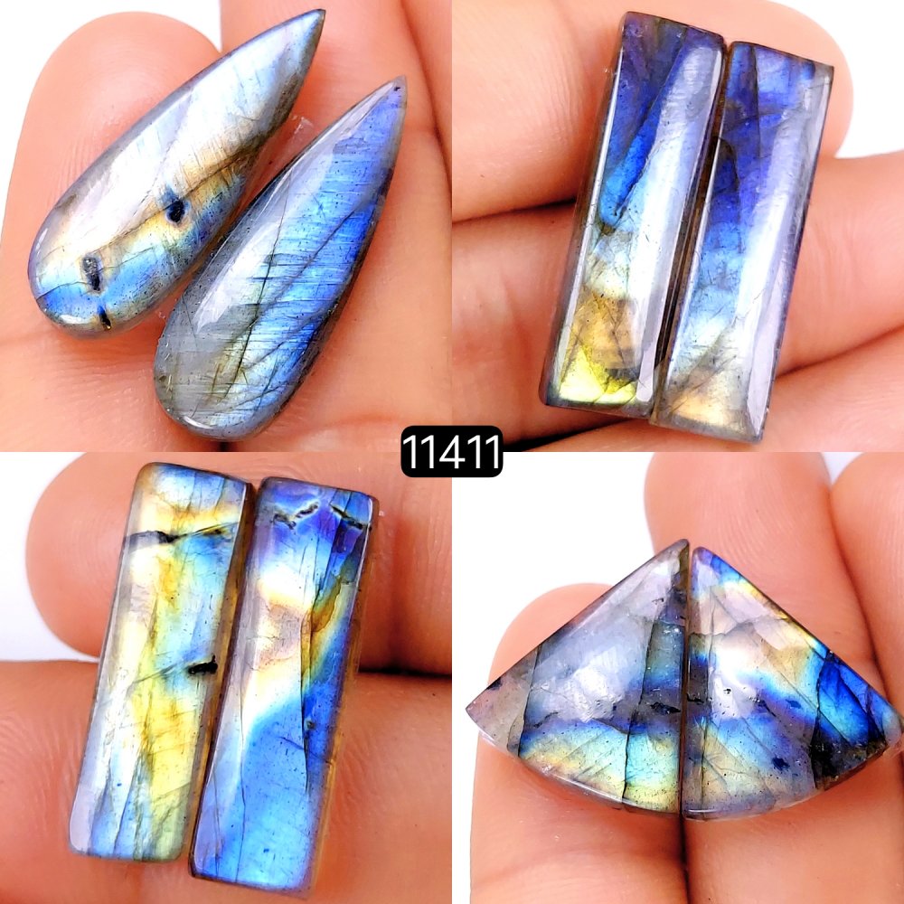 4 Pairs 97Cts Natural Labradorite Loose Cabochon Flat Back Gemstone Pair Lot Earrings Crystal Lot for Jewelry Making Gift For Her 30x8-22x18mm #11411