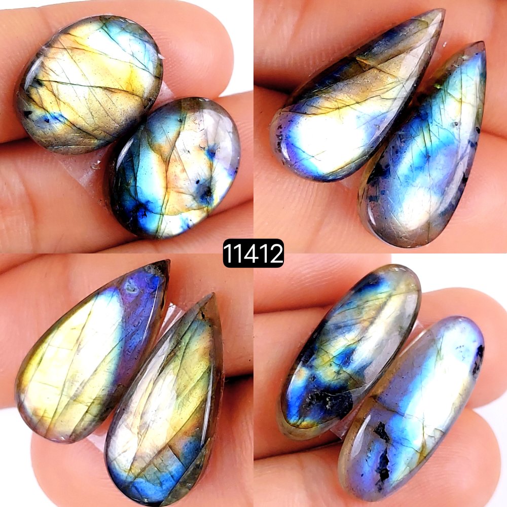 4 Pairs 98Cts Natural Labradorite Loose Cabochon Flat Back Gemstone Pair Lot Earrings Crystal Lot for Jewelry Making Gift For Her 26x10-20x15mm #11412