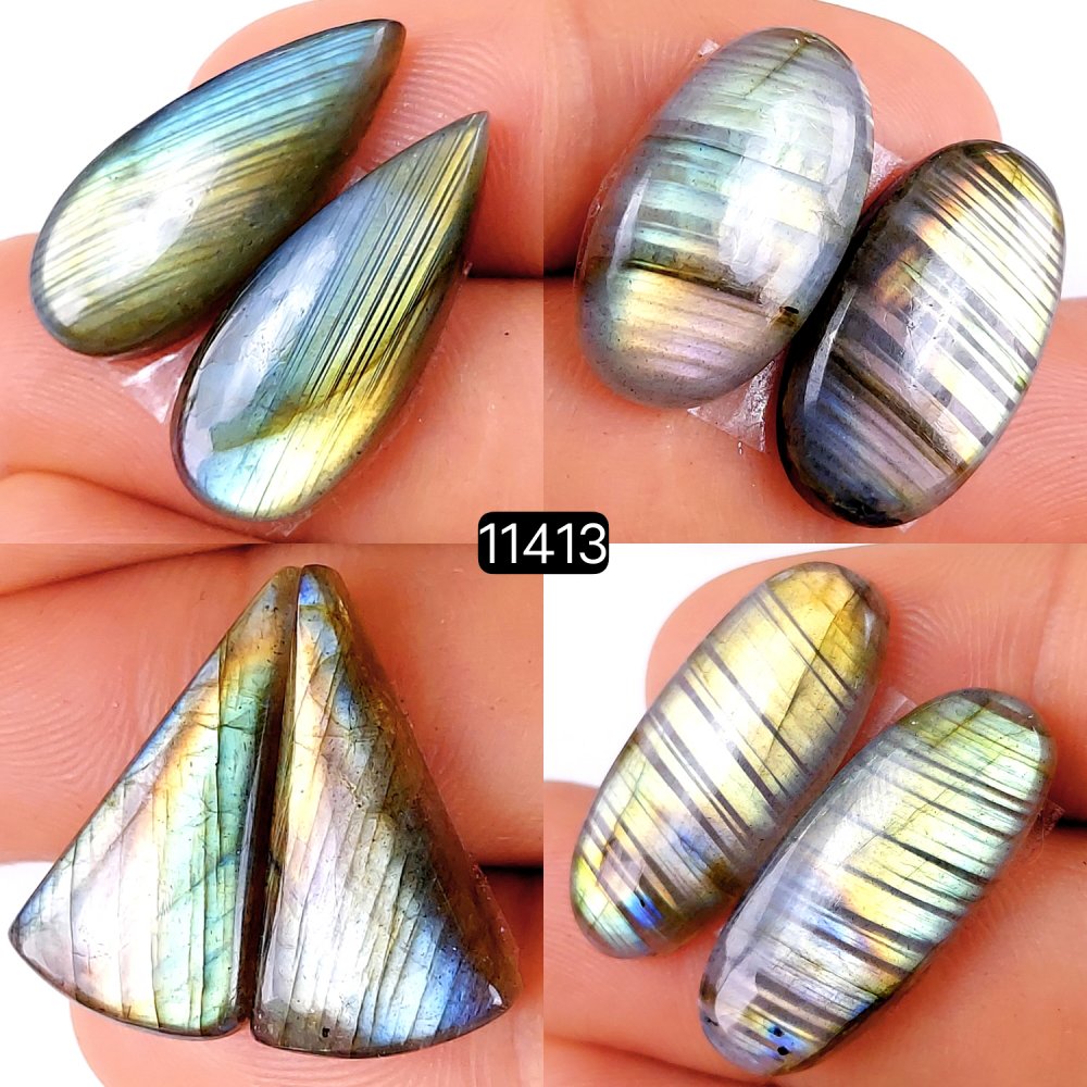 4 Pairs 97Cts Natural Labradorite Loose Cabochon Flat Back Gemstone Pair Lot Earrings Crystal Lot for Jewelry Making Gift For Her 26x10-22x12mm #11413