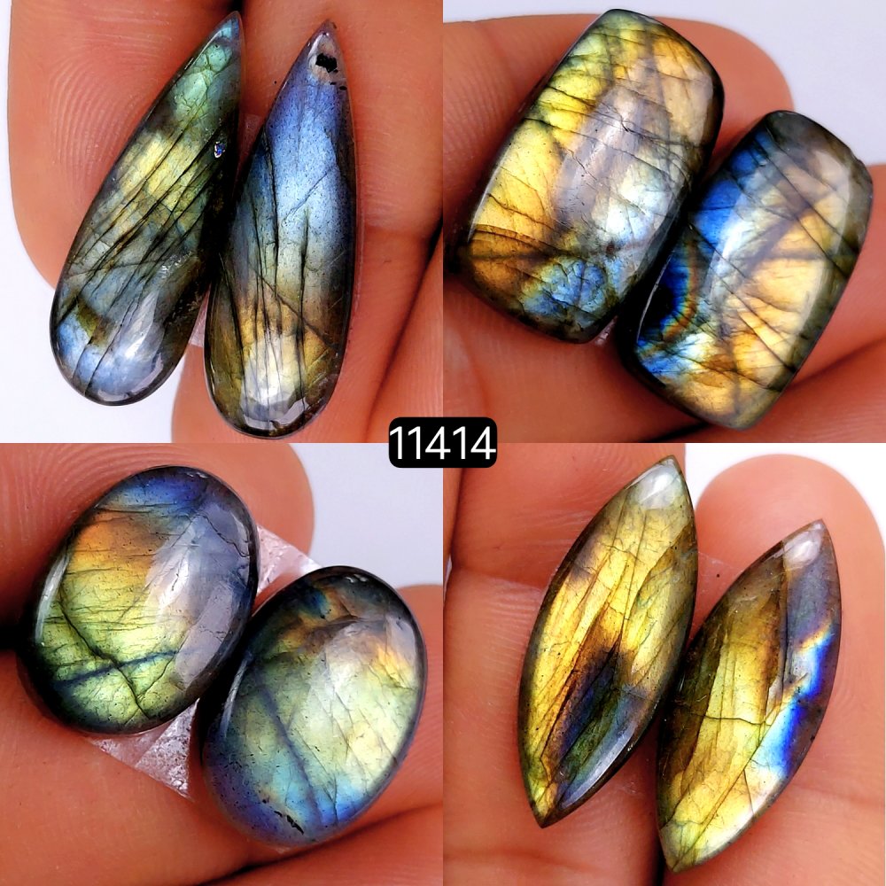 4 Pairs 115Cts Natural Labradorite Loose Cabochon Flat Back Gemstone Pair Lot Earrings Crystal Lot for Jewelry Making Gift For Her 30x10-18x12mm #11414
