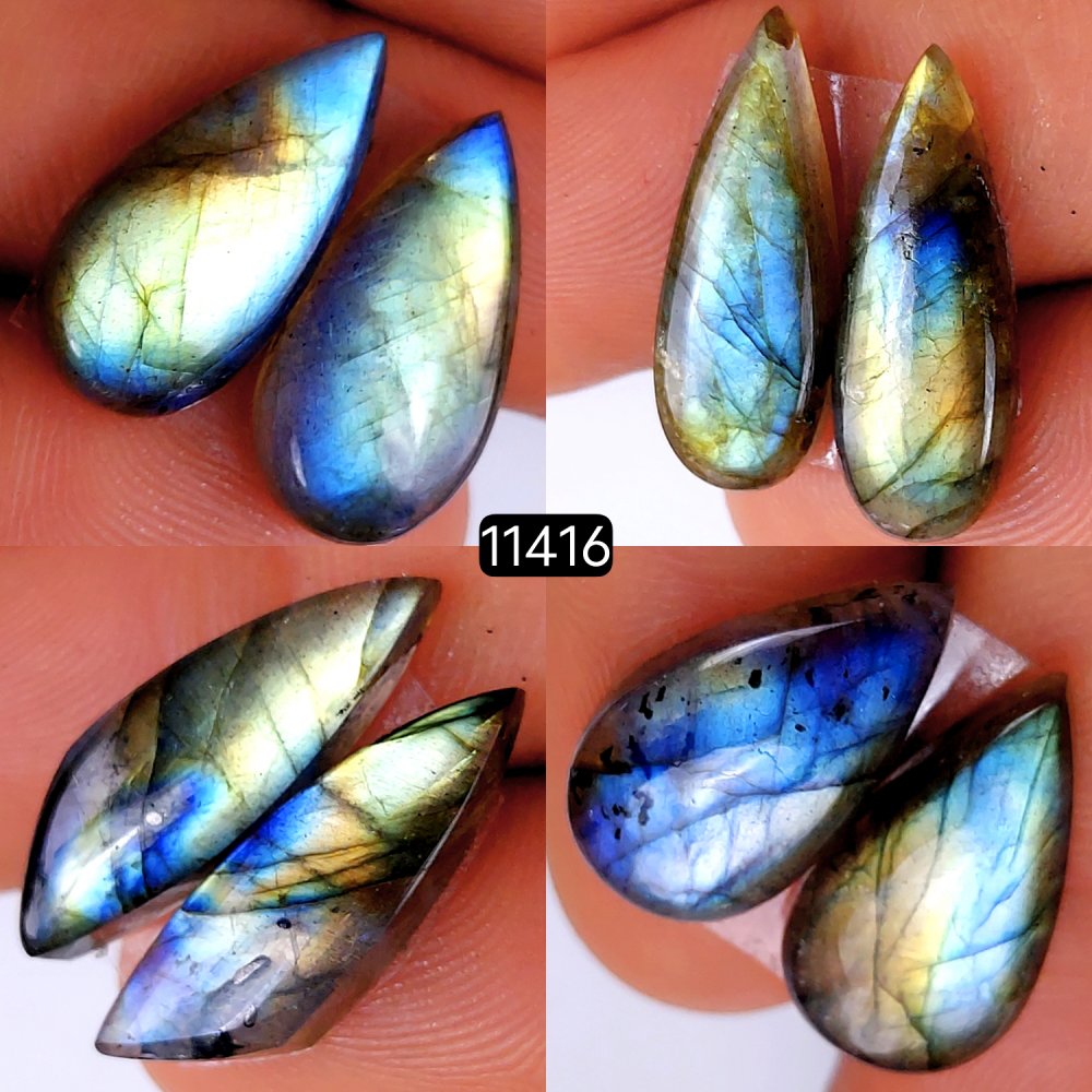 4 Pairs 61Cts Natural Labradorite Loose Cabochon Flat Back Gemstone Pair Lot Earrings Crystal Lot for Jewelry Making Gift For Her 24x7-20x10mm #11416