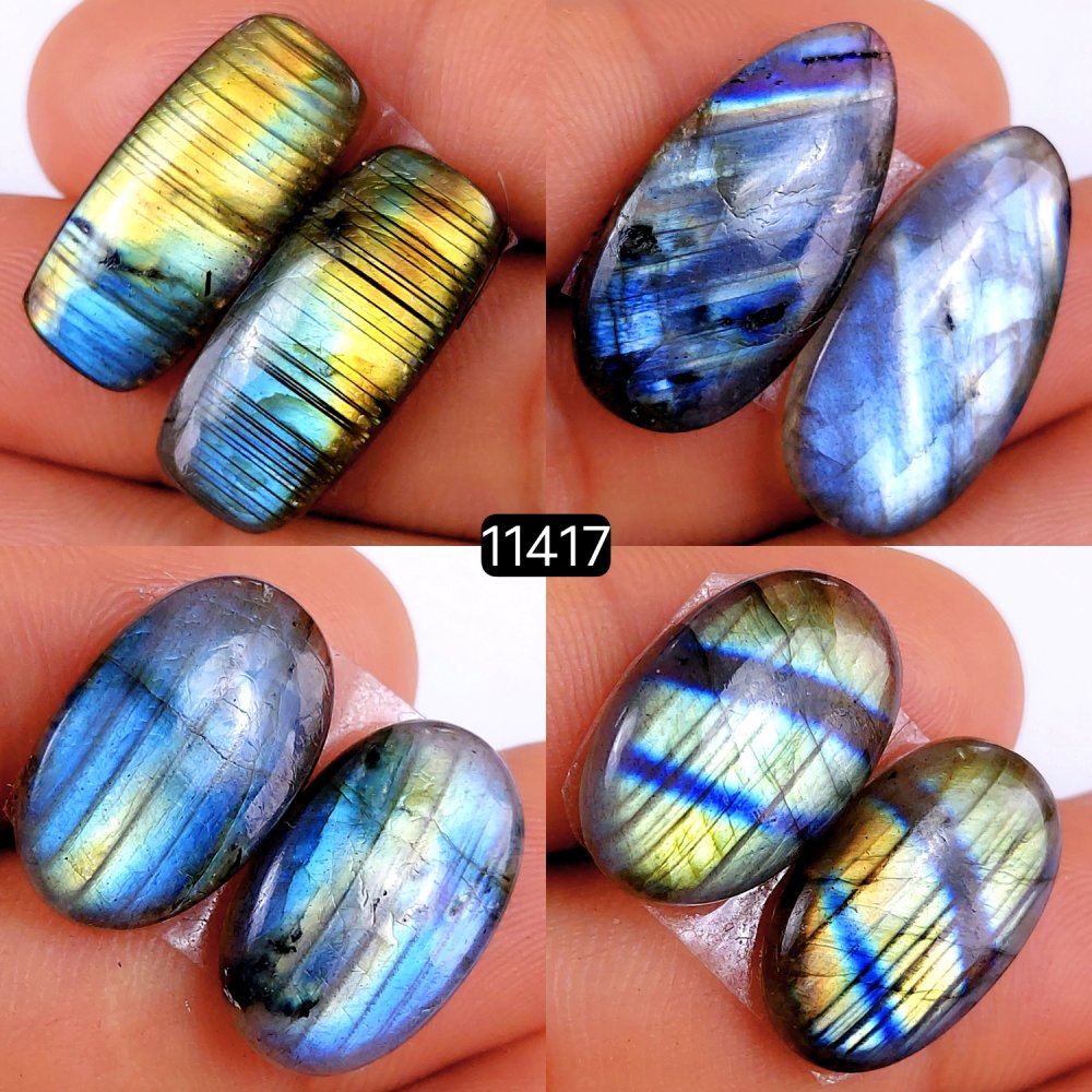 4 Pairs 94Cts Natural Labradorite Loose Cabochon Flat Back Gemstone Pair Lot Earrings Crystal Lot for Jewelry Making Gift For Her 27x12-20x12mm #11417