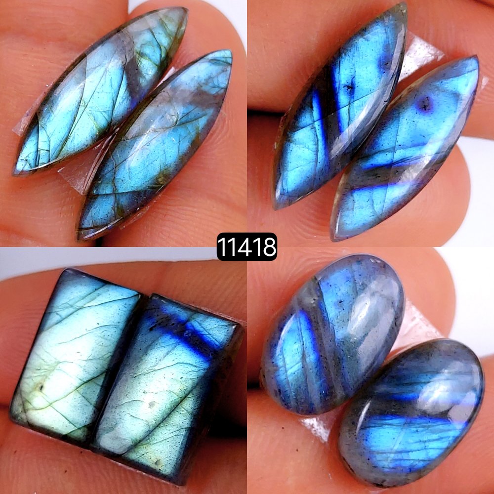 4 Pairs 65Cts Natural Labradorite Loose Cabochon Flat Back Gemstone Pair Lot Earrings Crystal Lot for Jewelry Making Gift For Her 27x8-16x10mm #11418