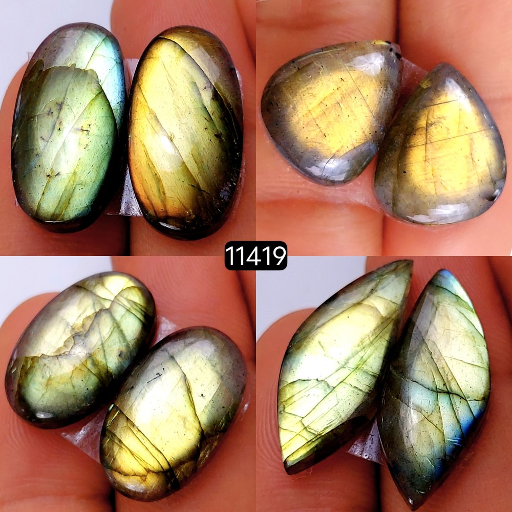 4 Pairs 98Cts Natural Labradorite Loose Cabochon Flat Back Gemstone Pair Lot Earrings Crystal Lot for Jewelry Making Gift For Her 27x10-20x10mm #11419