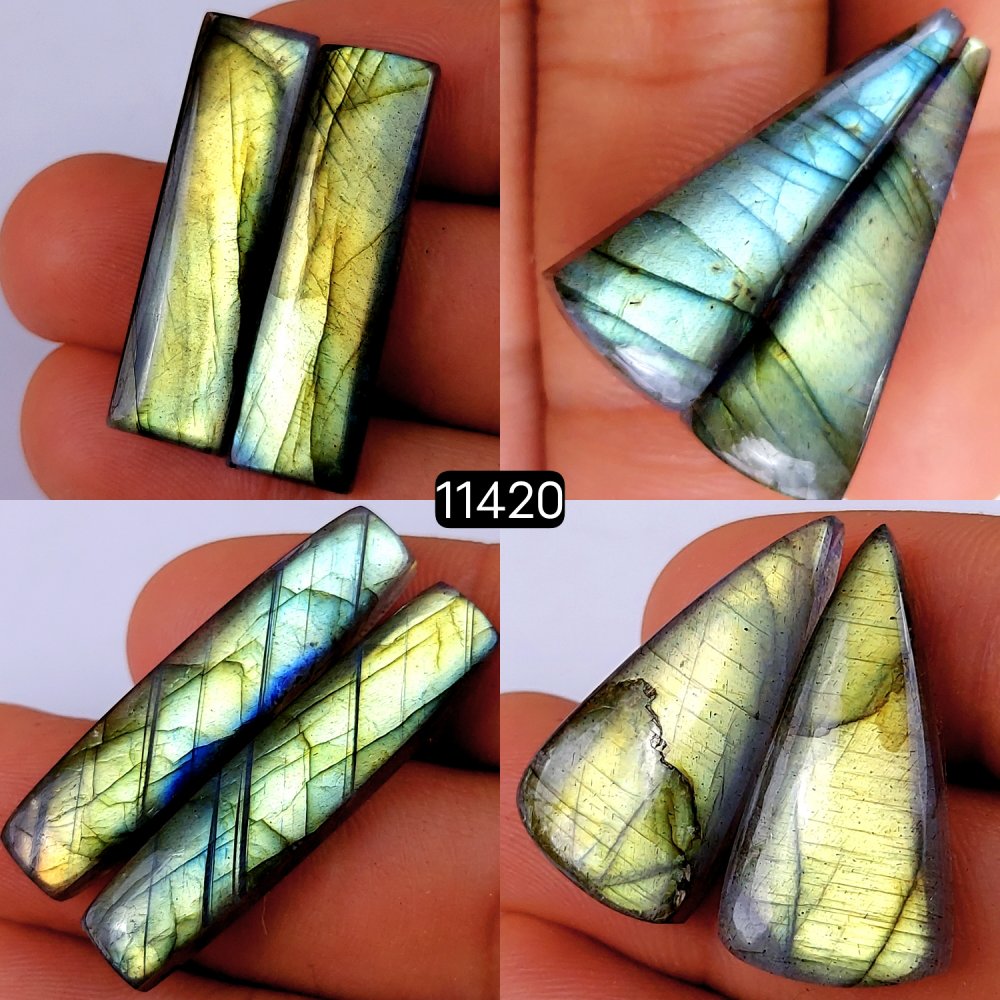 4 Pairs 126Cts Natural Labradorite Loose Cabochon Flat Back Gemstone Pair Lot Earrings Crystal Lot for Jewelry Making Gift For Her 35x9-28x14mm #11420