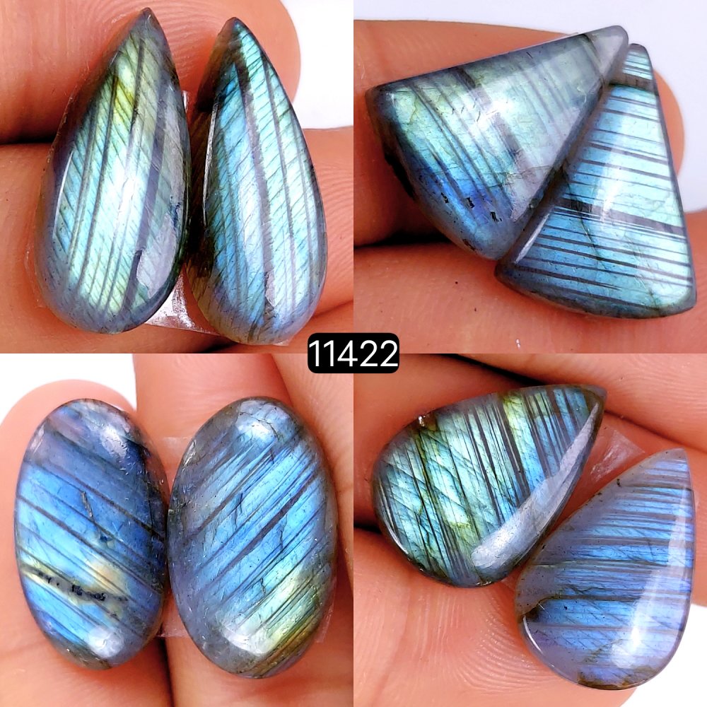 4 Pairs 104Cts Natural Labradorite Loose Cabochon Flat Back Gemstone Pair Lot Earrings Crystal Lot for Jewelry Making Gift For Her 24x14-20x15mm #11422