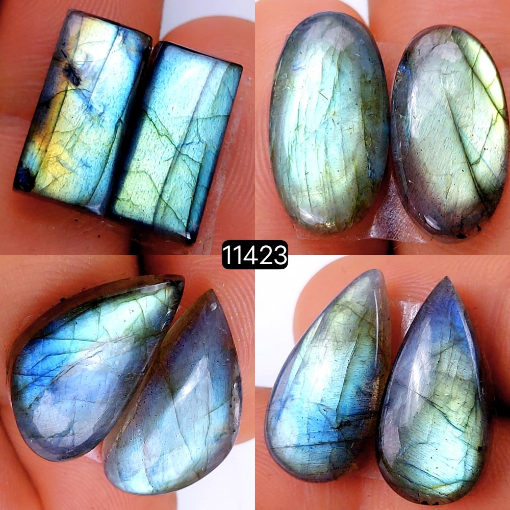 4 Pairs 78Cts Natural Labradorite Loose Cabochon Flat Back Gemstone Pair Lot Earrings Crystal Lot for Jewelry Making Gift For Her 22x12-16x8mm #11423