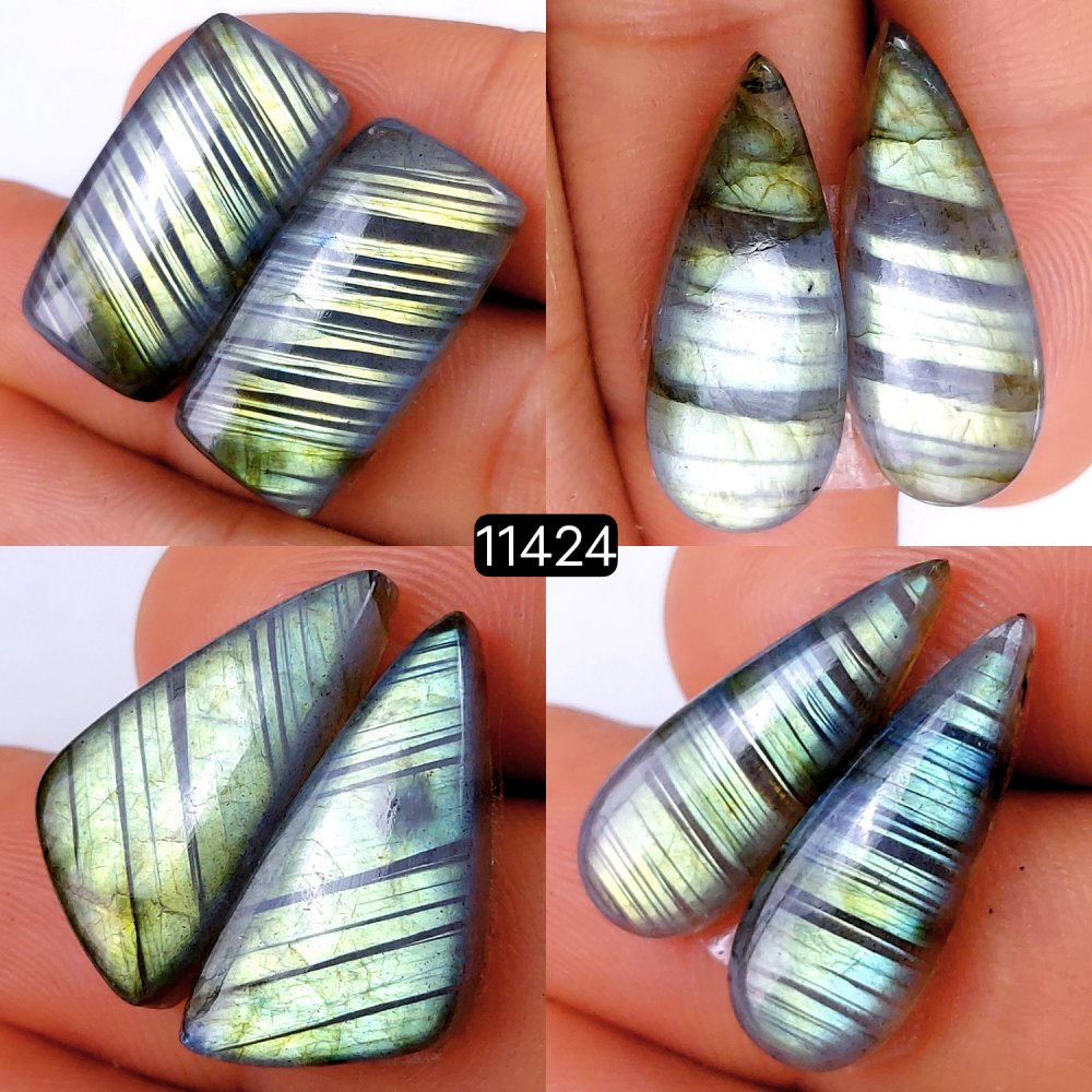 4 Pairs 106Cts Natural Labradorite Loose Cabochon Flat Back Gemstone Pair Lot Earrings Crystal Lot for Jewelry Making Gift For Her 27x10-22x9mm #11424