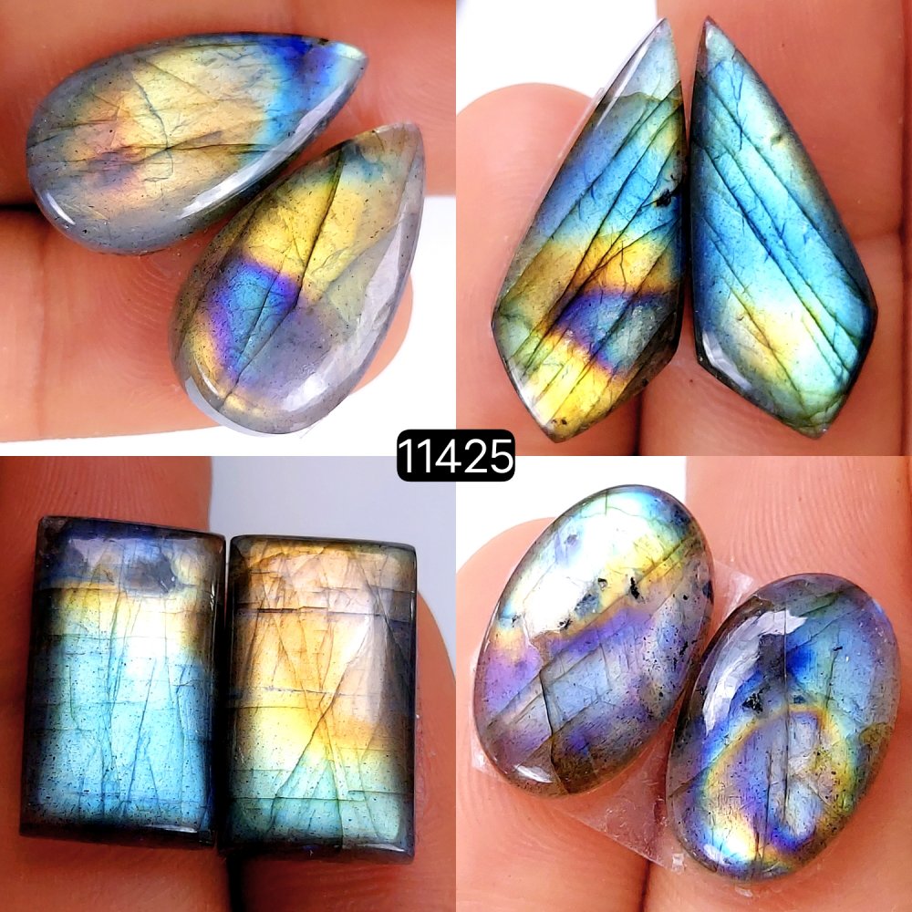 4 Pairs 105Cts Natural Labradorite Loose Cabochon Flat Back Gemstone Pair Lot Earrings Crystal Lot for Jewelry Making Gift For Her 25x12-20x12mm #11425