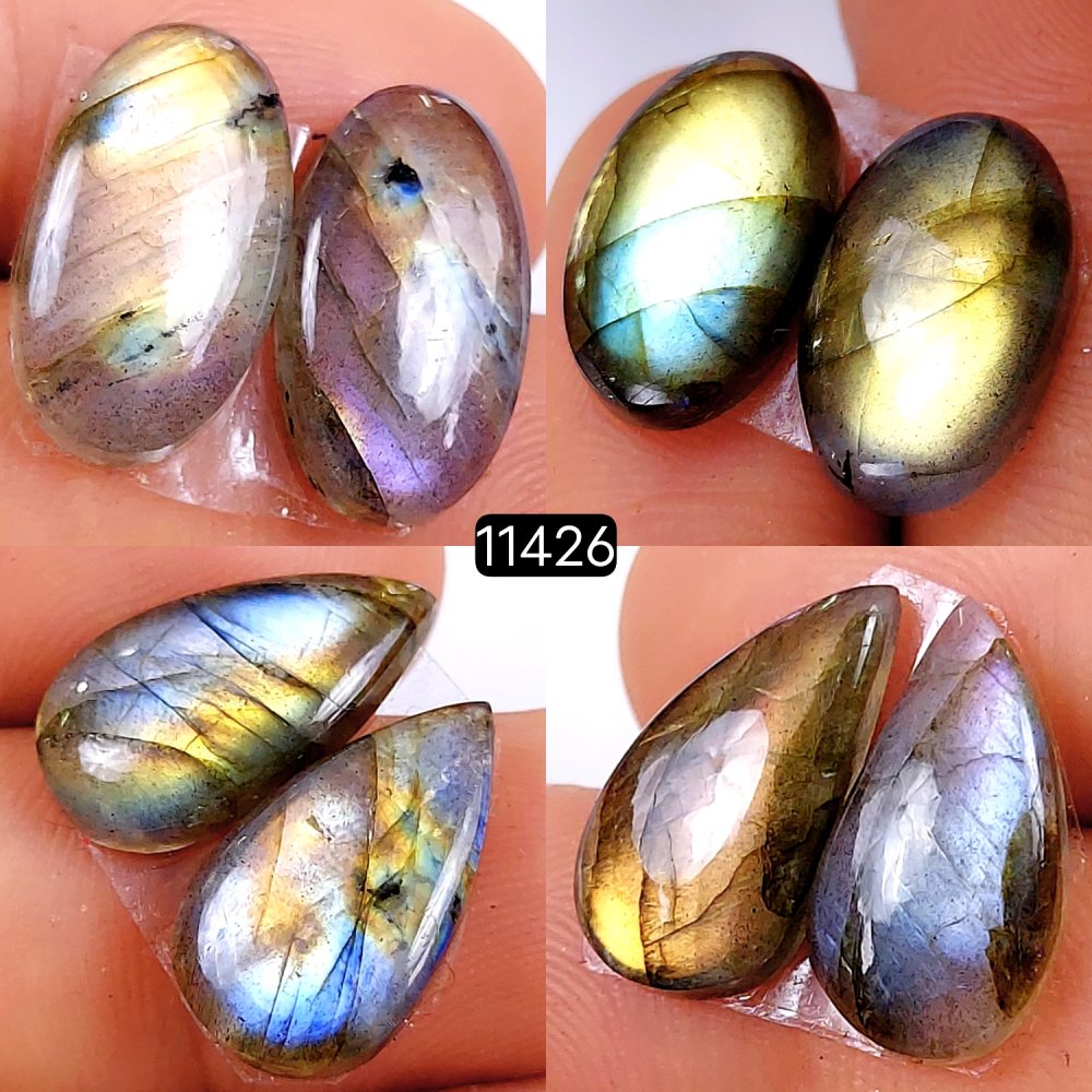 4 Pairs 58Cts Natural Labradorite Loose Cabochon Flat Back Gemstone Pair Lot Earrings Crystal Lot for Jewelry Making Gift For Her 18x10-16x10mm #11426