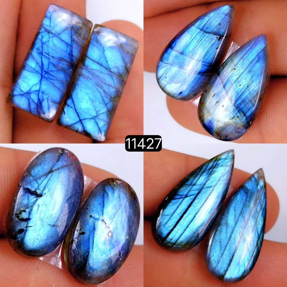 4 Pairs 107Cts Natural Labradorite Loose Cabochon Flat Back Gemstone Pair Lot Earrings Crystal Lot for Jewelry Making Gift For Her 30x12-20x10mm #11427