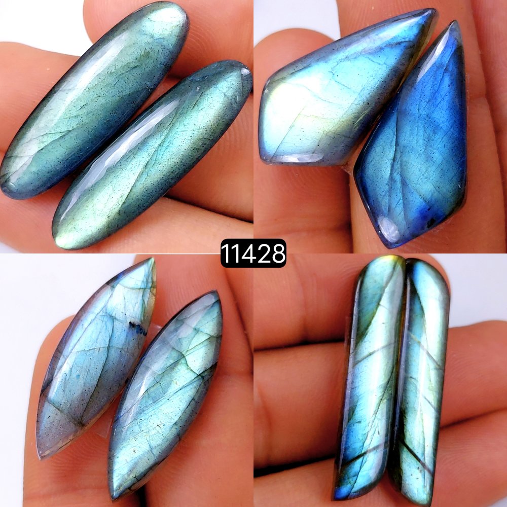 4 Pairs 135Cts Natural Labradorite Loose Cabochon Flat Back Gemstone Pair Lot Earrings Crystal Lot for Jewelry Making Gift For Her 38x10-27x15mm #11428