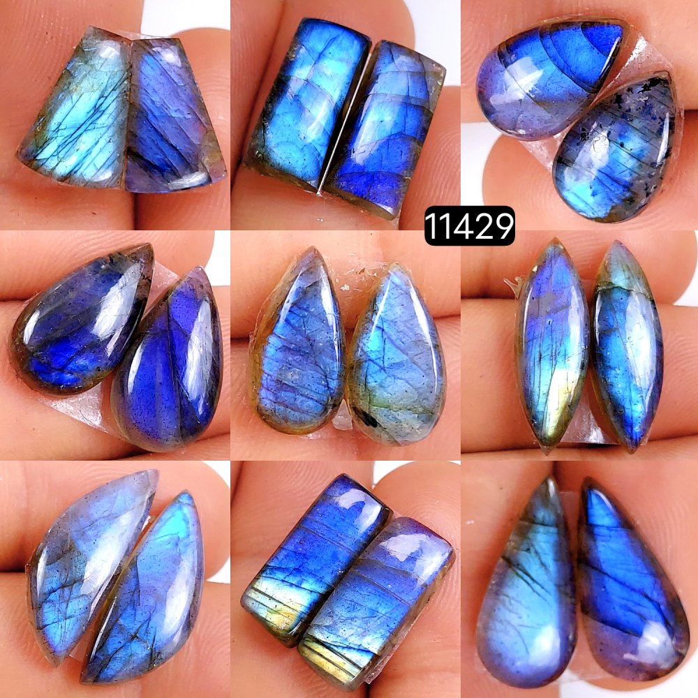 9 Pairs 119Cts Natural Labradorite Loose Cabochon Flat Back Gemstone Pair Lot Earrings Crystal Lot for Jewelry Making Gift For Her 24x8-13x9mm #11429