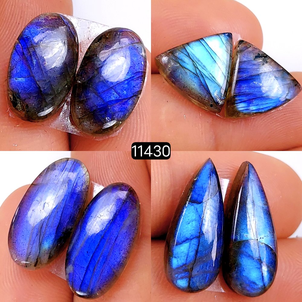 4 Pairs 66Cts Natural Labradorite Loose Cabochon Flat Back Gemstone Pair Lot Earrings Crystal Lot for Jewelry Making Gift For Her 20x10-14x14mm #11430