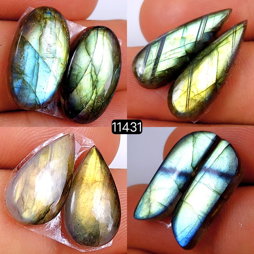 4 Pairs 62Cts Natural Labradorite Loose Cabochon Flat Back Gemstone Pair Lot Earrings Crystal Lot for Jewelry Making Gift For Her 20x8-16x9mm #11431