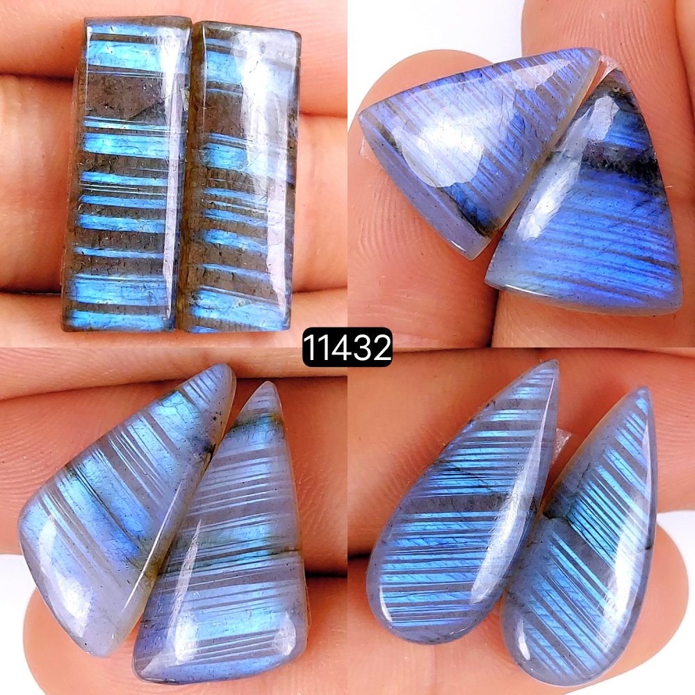 4 Pairs 105Cts Natural Labradorite Loose Cabochon Flat Back Gemstone Pair Lot Earrings Crystal Lot for Jewelry Making Gift For Her 28x12-20x15mm #11432