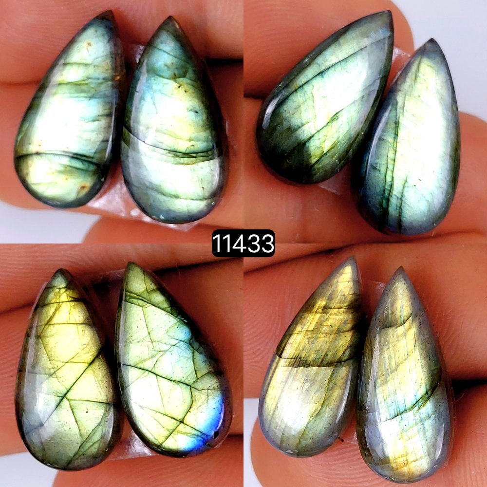 4 Pairs 75Cts Natural Labradorite Loose Cabochon Flat Back Gemstone Pair Lot Earrings Crystal Lot for Jewelry Making Gift For Her 22x10-20x10mm #11433