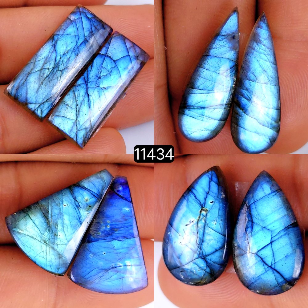 4 Pairs 118Cts Natural Labradorite Loose Cabochon Flat Back Gemstone Pair Lot Earrings Crystal Lot for Jewelry Making Gift For Her 27x10-24x14mm #11434