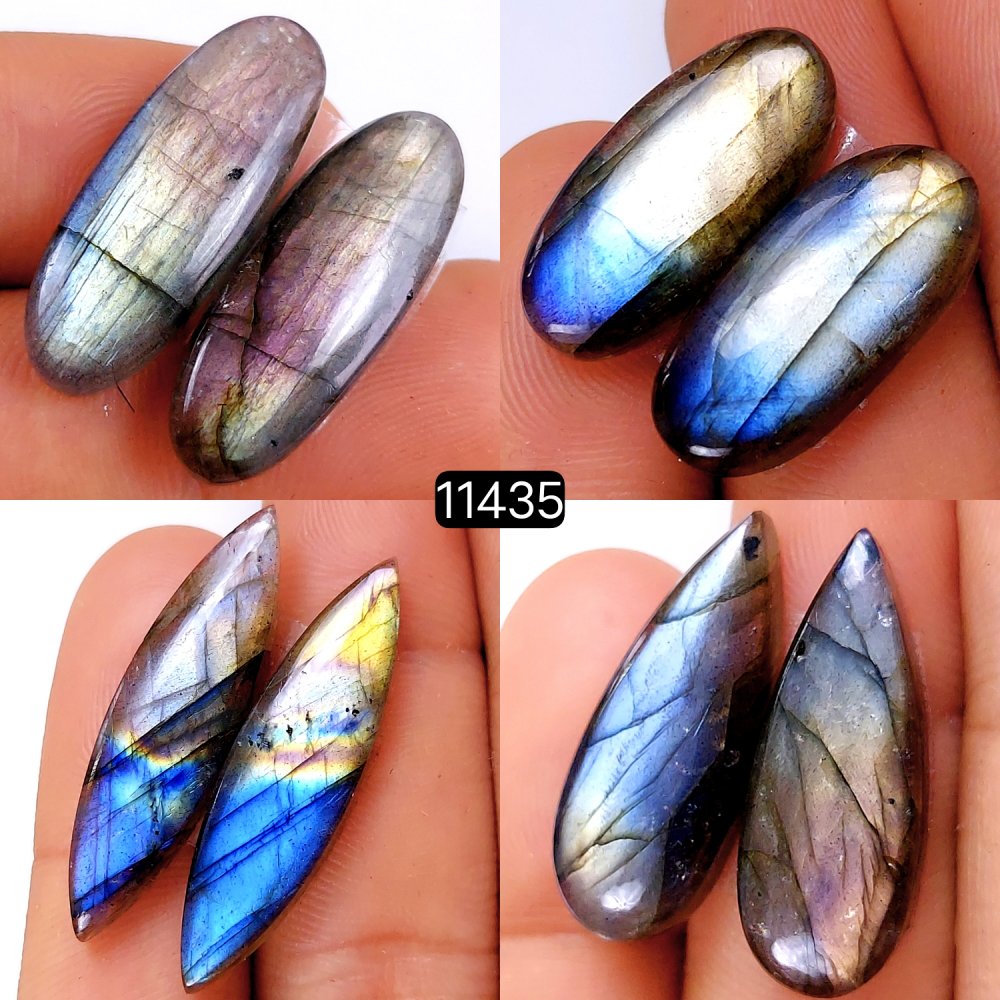 4 Pairs 117Cts Natural Labradorite Loose Cabochon Flat Back Gemstone Pair Lot Earrings Crystal Lot for Jewelry Making Gift For Her 34x9-22x10mm #11435