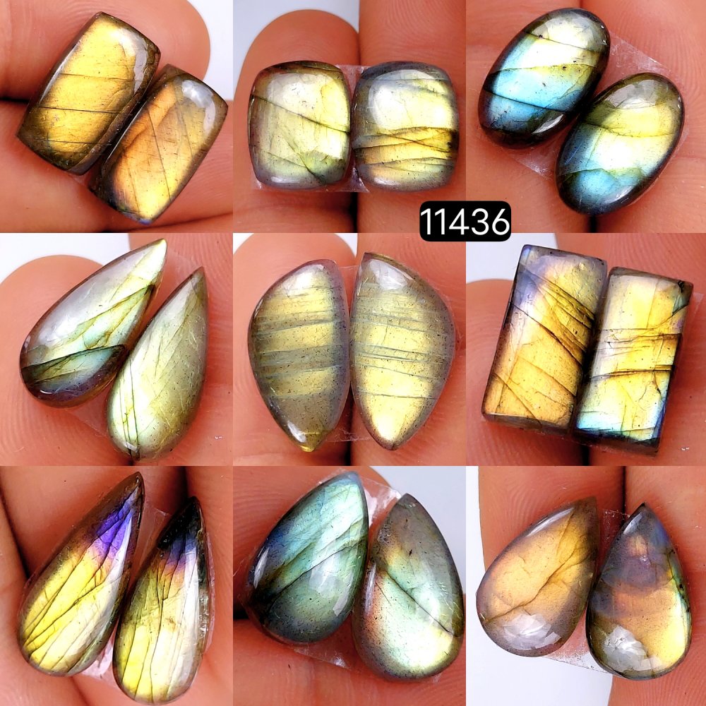9 Pairs 138Cts Natural Labradorite Loose Cabochon Flat Back Gemstone Pair Lot Earrings Crystal Lot for Jewelry Making Gift For Her 20x8-15x15mm #11436