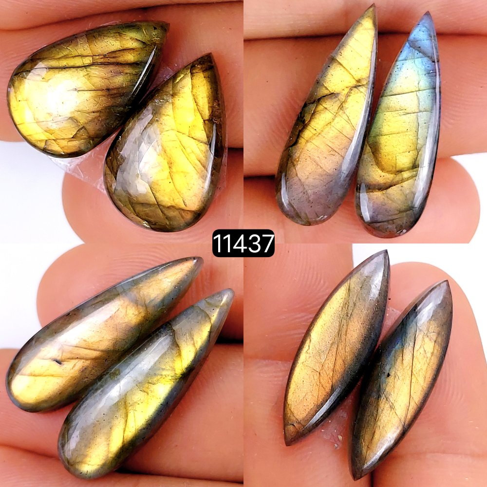 4 Pairs 91Cts Natural Labradorite Loose Cabochon Flat Back Gemstone Pair Lot Earrings Crystal Lot for Jewelry Making Gift For Her 31x10-20x14mm #11437
