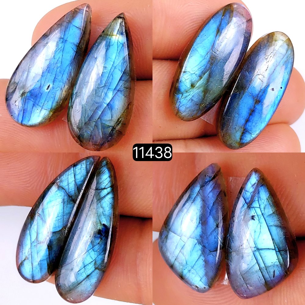 4 Pairs 94Cts Natural Labradorite Loose Cabochon Flat Back Gemstone Pair Lot Earrings Crystal Lot for Jewelry Making Gift For Her 27x12-20x10mm #11438