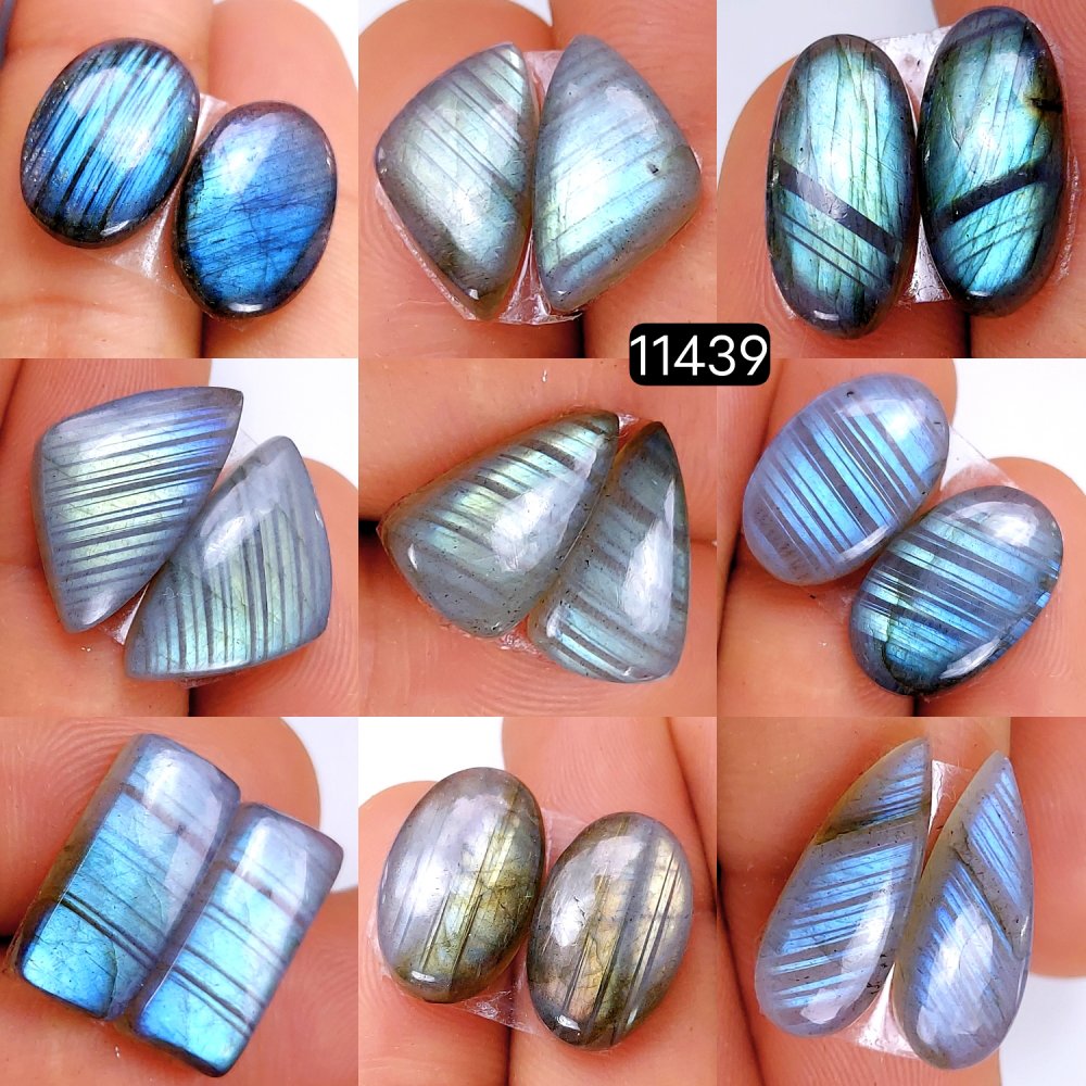 9 Pairs 140Cts Natural Labradorite Loose Cabochon Flat Back Gemstone Pair Lot Earrings Crystal Lot for Jewelry Making Gift For Her 20x12-15x10mm #11439