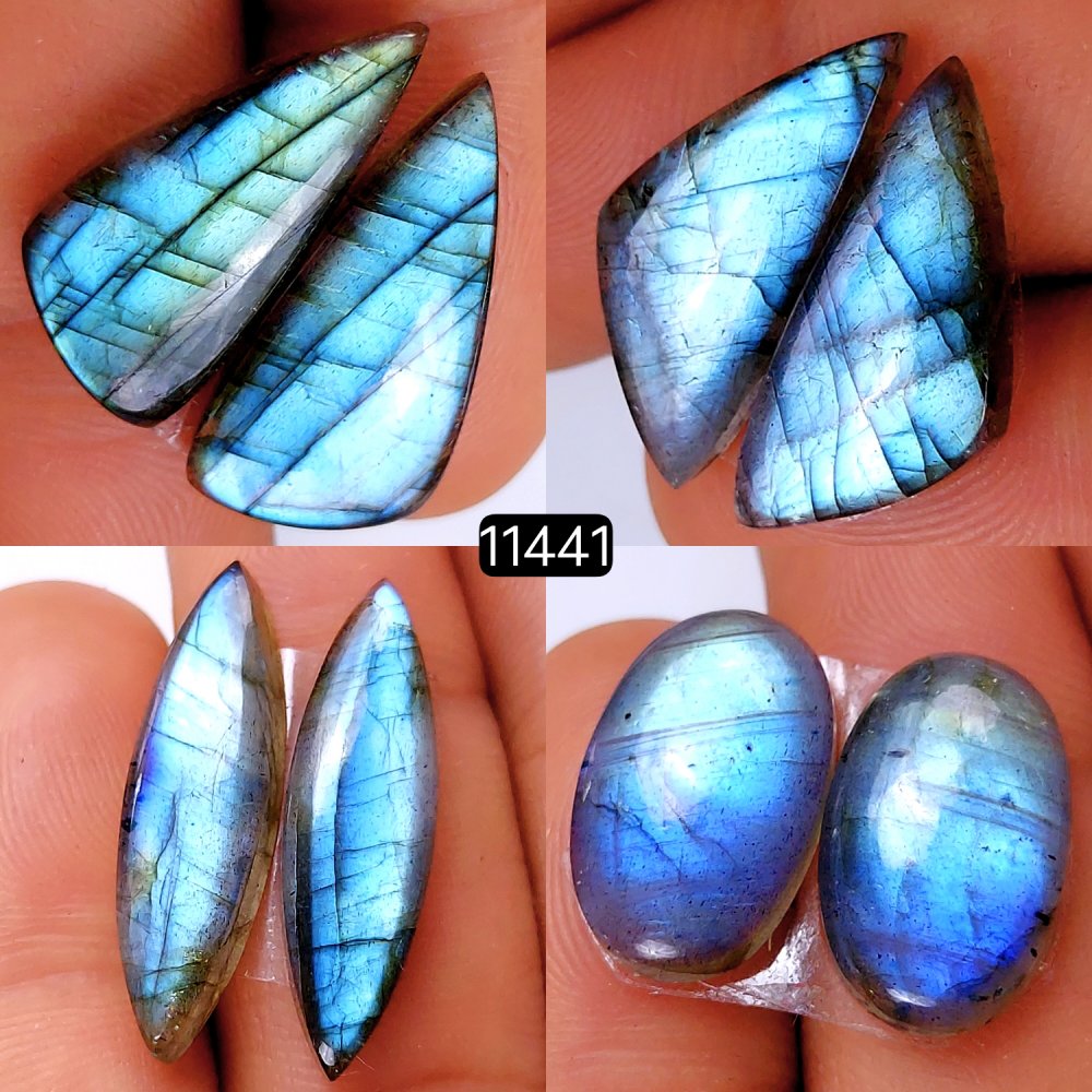 4 Pairs 73Cts Natural Labradorite Loose Cabochon Flat Back Gemstone Pair Lot Earrings Crystal Lot for Jewelry Making Gift For Her 27x8-18x12mm #11441
