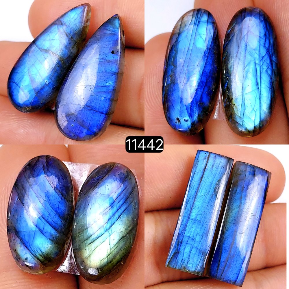 4 Pairs 125Cts Natural Labradorite Loose Cabochon Flat Back Gemstone Pair Lot Earrings Crystal Lot for Jewelry Making Gift For Her 30x12-20x10mm #11442