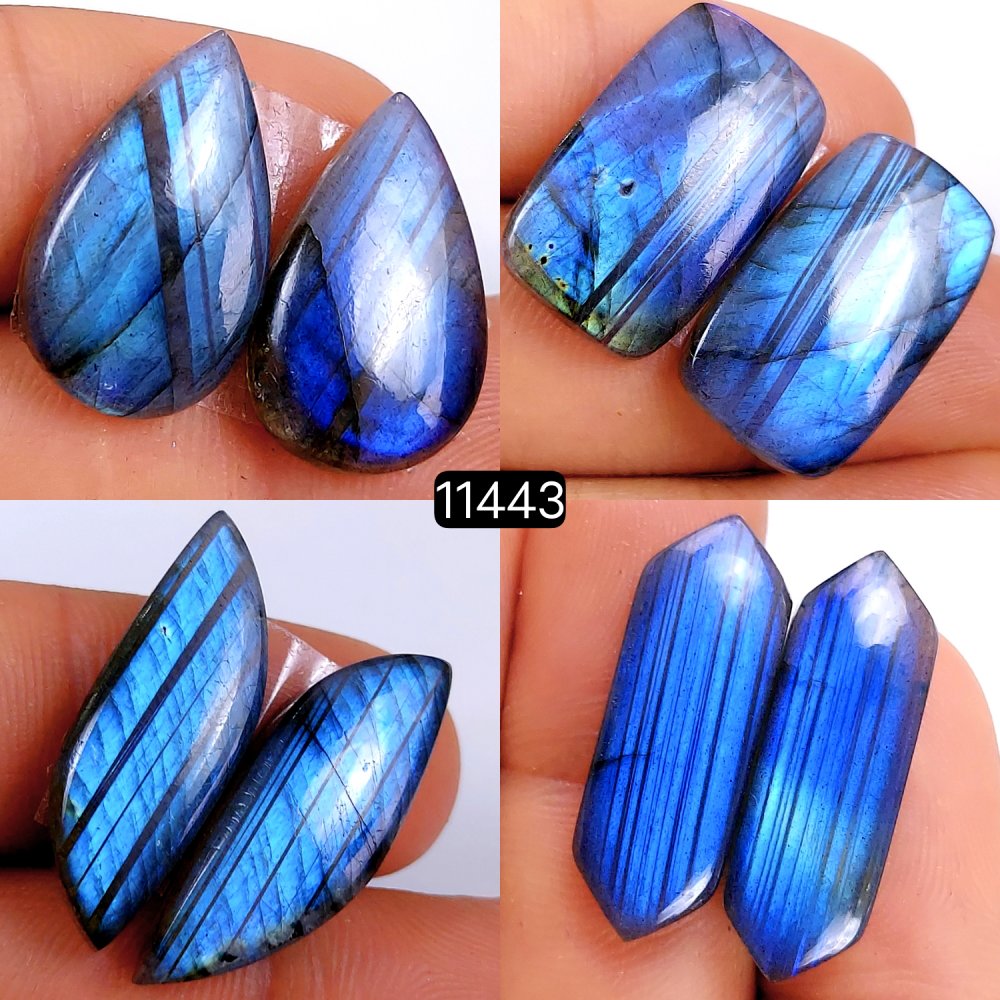 4 Pairs 116Cts Natural Labradorite Loose Cabochon Flat Back Gemstone Pair Lot Earrings Crystal Lot for Jewelry Making Gift For Her 27x10-21x12mm #11443
