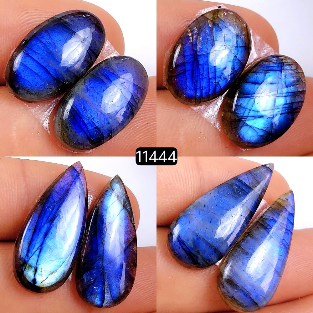 4 Pairs 99Cts Natural Labradorite Loose Cabochon Flat Back Gemstone Pair Lot Earrings Crystal Lot for Jewelry Making Gift For Her 28x12-20x10mm #11444