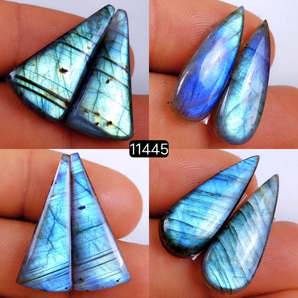 4 Pairs 100Cts Natural Labradorite Loose Cabochon Flat Back Gemstone Pair Lot Earrings Crystal Lot for Jewelry Making Gift For Her 29x11-25x8mm #11445