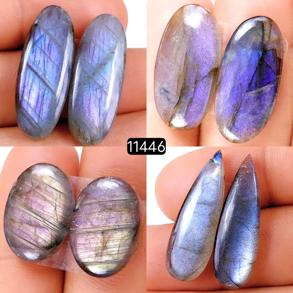 4 Pairs 110Cts Natural Labradorite Loose Cabochon Flat Back Gemstone Pair Lot Earrings Crystal Lot for Jewelry Making Gift For Her 28x10-18x12mm #11446