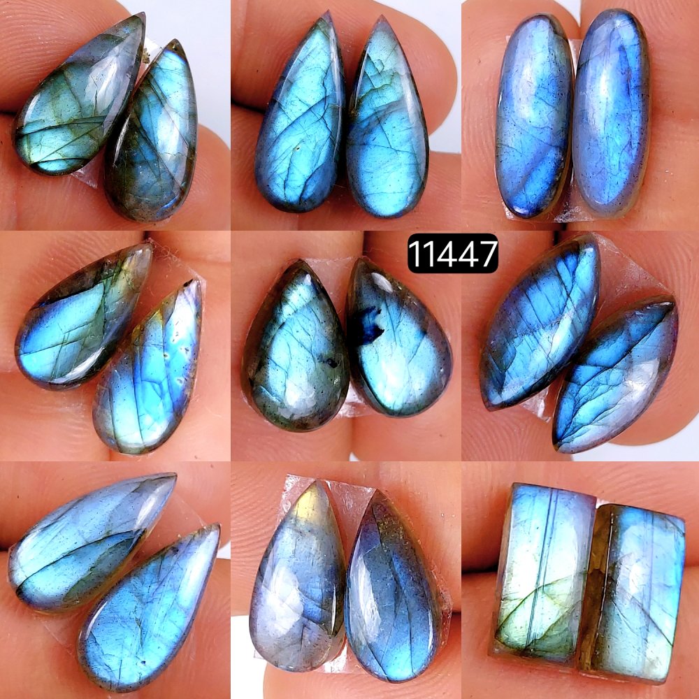 9 Pairs 113Cts Natural Labradorite Loose Cabochon Flat Back Gemstone Pair Lot Earrings Crystal Lot for Jewelry Making Gift For Her 22x10-12x7mm #11447